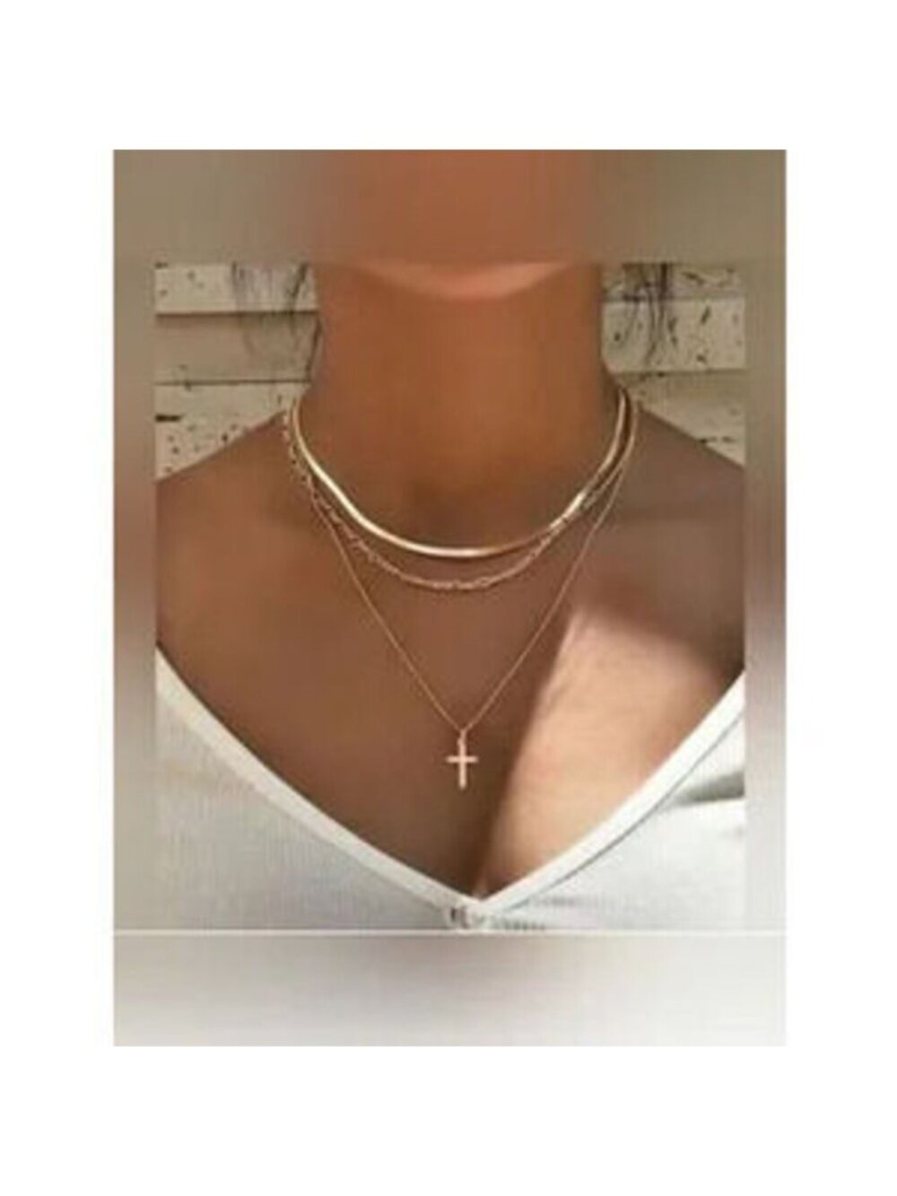 Gold Stainless Steel 3pc Cross Herringbone Necklace Set Dainty
